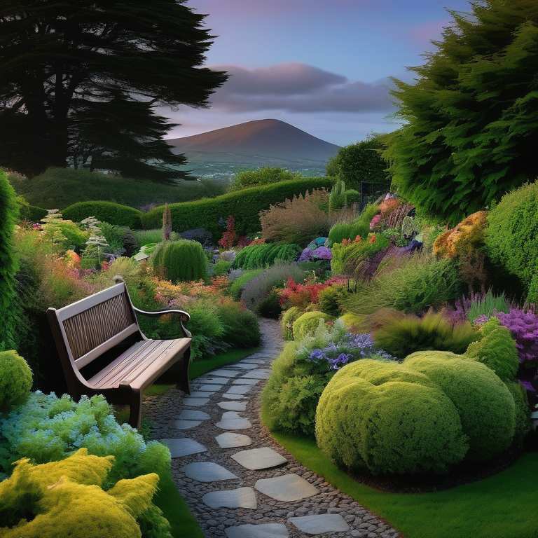 A landscaped garden in Wicklow with a pathway, plants, and Sugarloaf Mountain in the background at dusk.