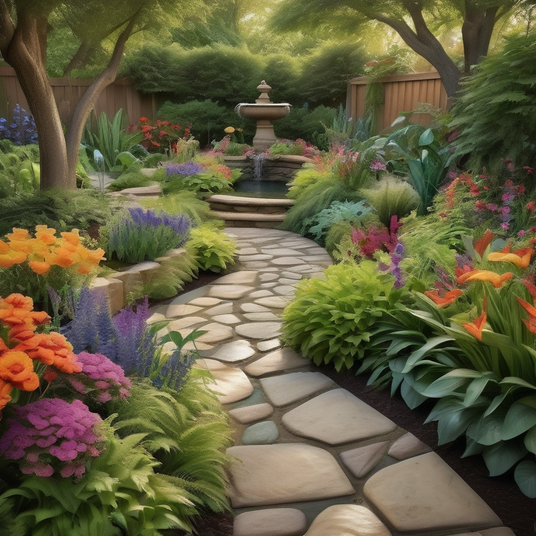 A serene garden pathway bordered by colorful flowers and unique sculptural planters with a tranquil water feature.