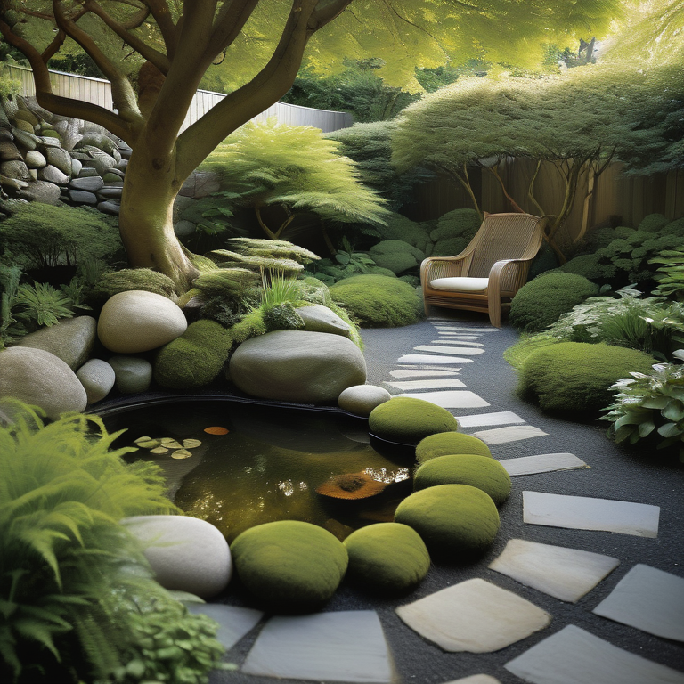 Backyard garden in Dublin featuring stones of different shapes and textures amid greenery, bathed in warm light.