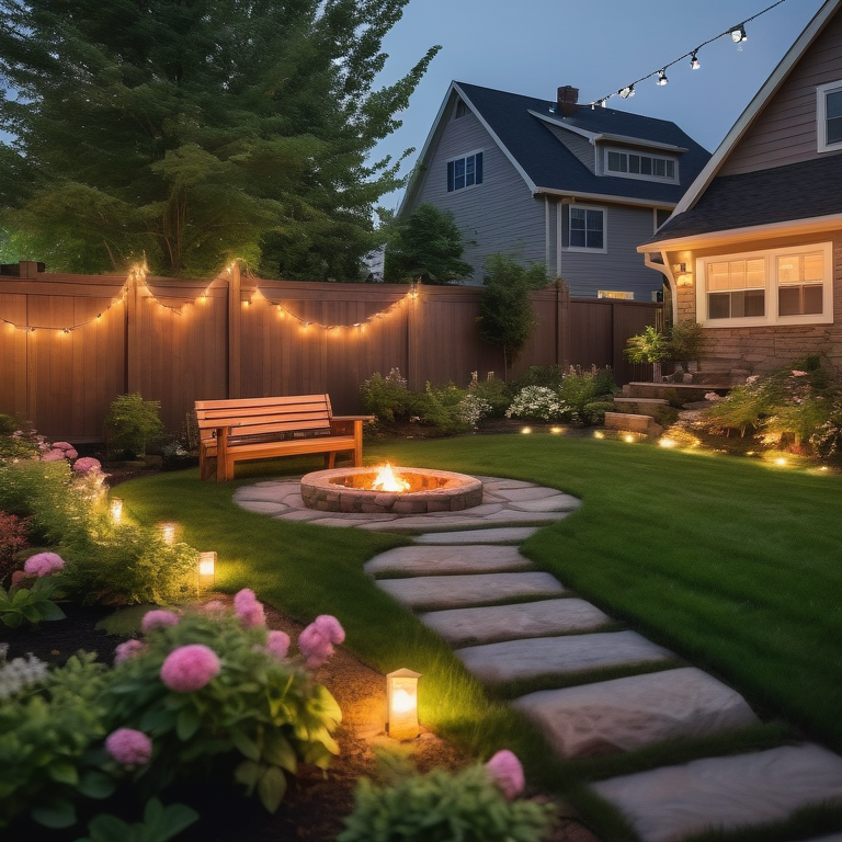 Twilight backyard scene with a stone path, fire pit, benches, string lights, and greenery.