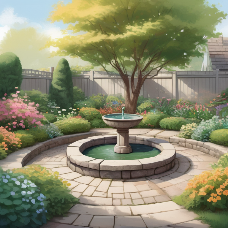 Illustration of a tranquil backyard garden with a birdbath, colorful flowerbeds, a bench, and a stone wall.