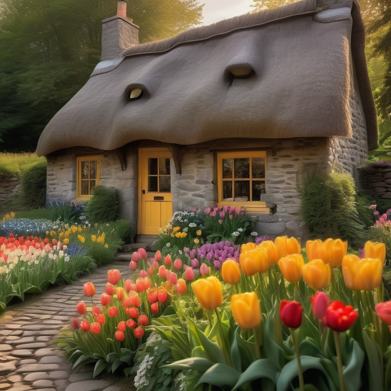 Charming cottage with thatched roof amidst a blooming English garden with cobblestone path and climbing roses.