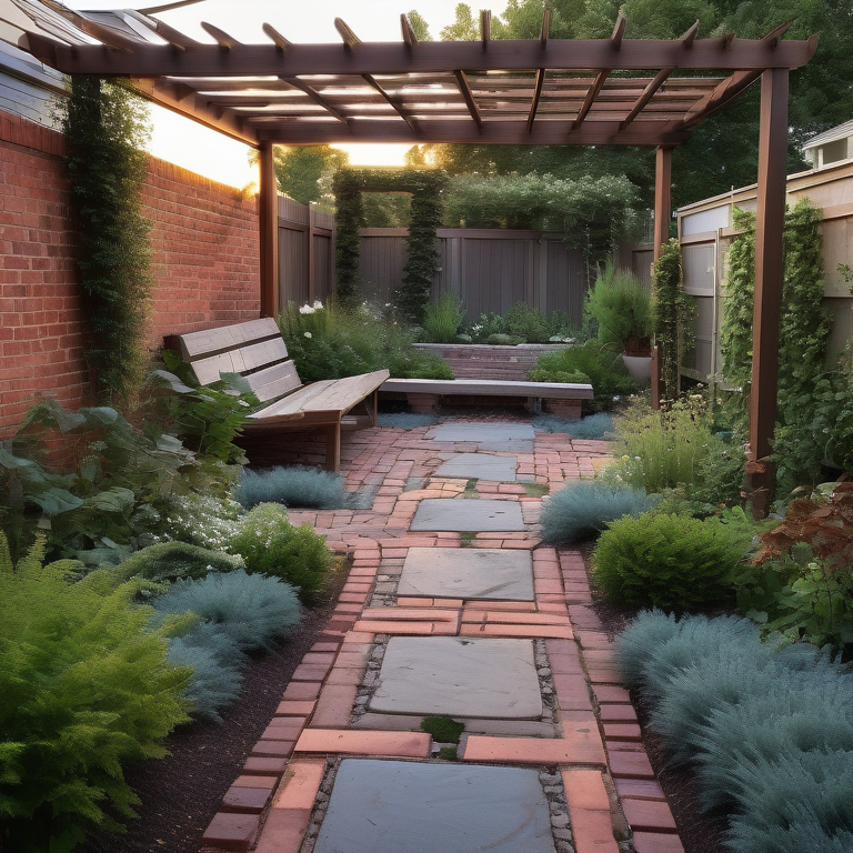 A serene backyard with repurposed brick pathways, sustainable plant life, and a dusk-time ambient lighting.