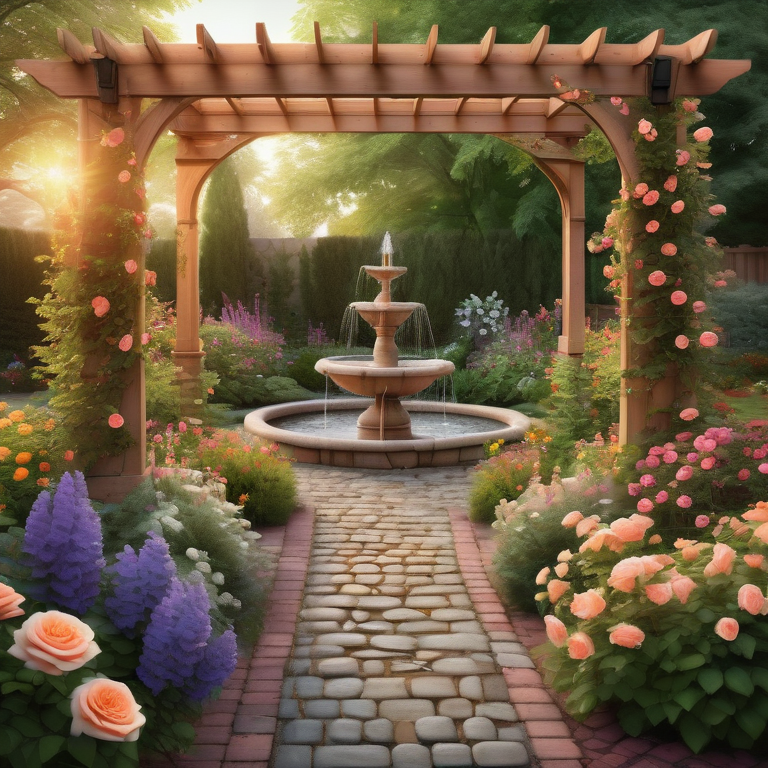 Illustration of a serene garden at dusk with pathway, pergola, flowers, and a fountain.