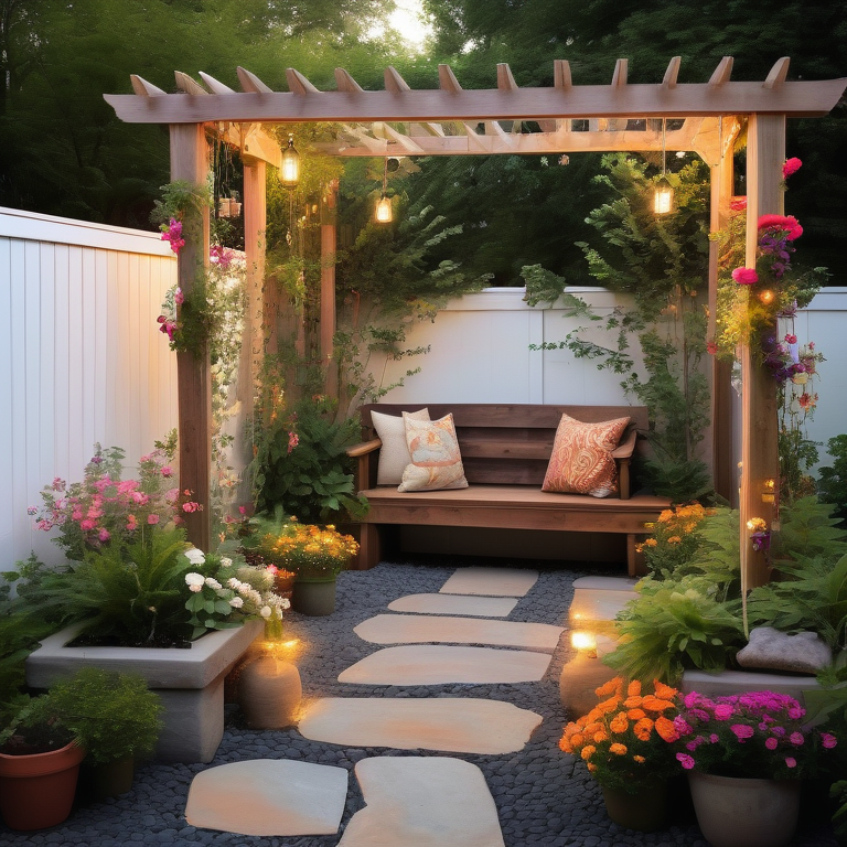 Backyard makeover with DIY bench, flowering planters, stone path, hanging lights, and a small fountain.