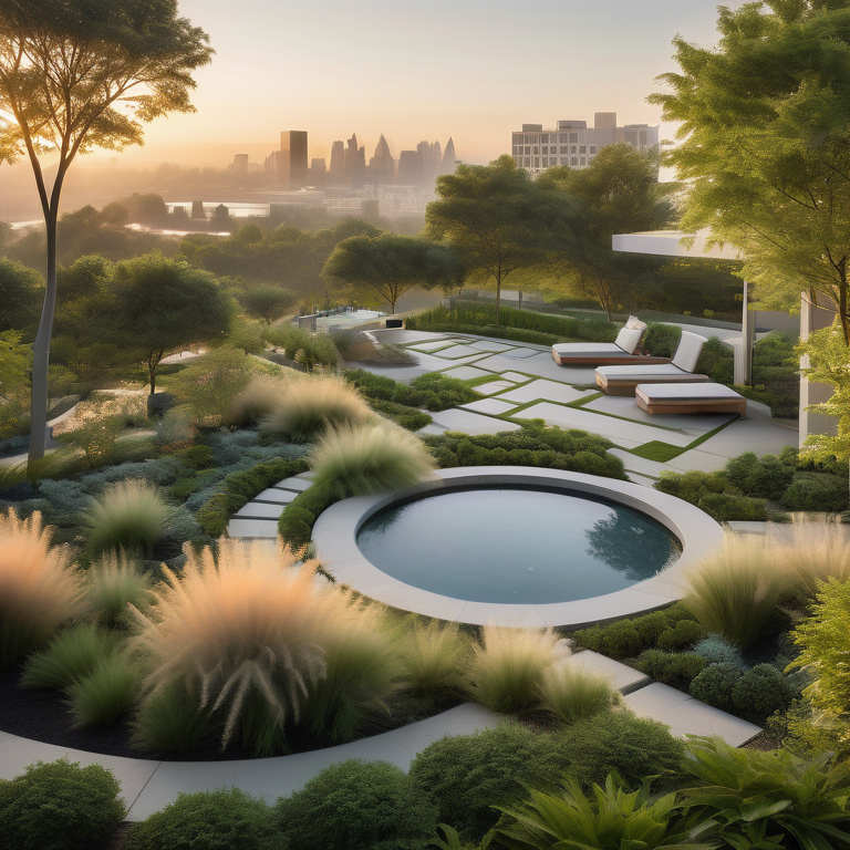 Freelance landscape architect with blueprints overlooking a dawn-illuminated garden and modern cityscape.