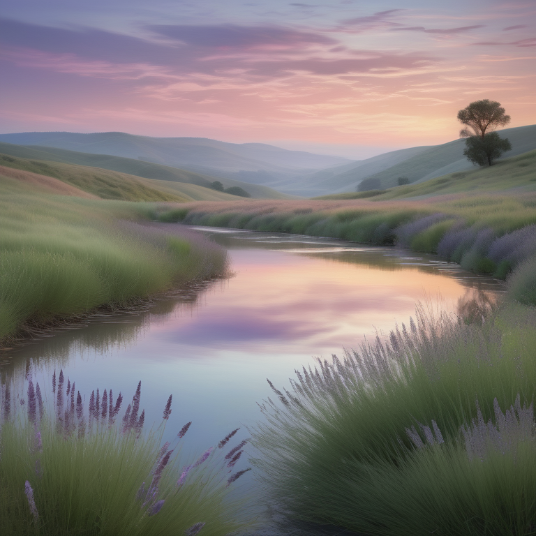 Tranquil landscape with rolling hills, a reflective river, and pastel sunset.