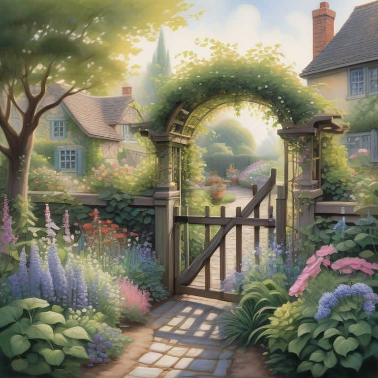 A charming cottage garden pathway lined with vibrant flowers and a wooden gate, basking in soft morning light.