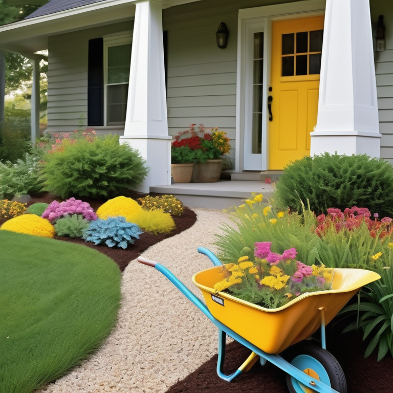 Sunlit front yard featuring a gravel path, assorted flowers, budget mulch, and a wheelbarrow planter leading to a yellow door.