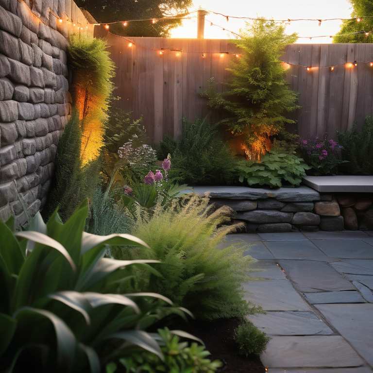 Twilight over a landscaped Dublin home garden with string lights and garden gloves on a stone wall.