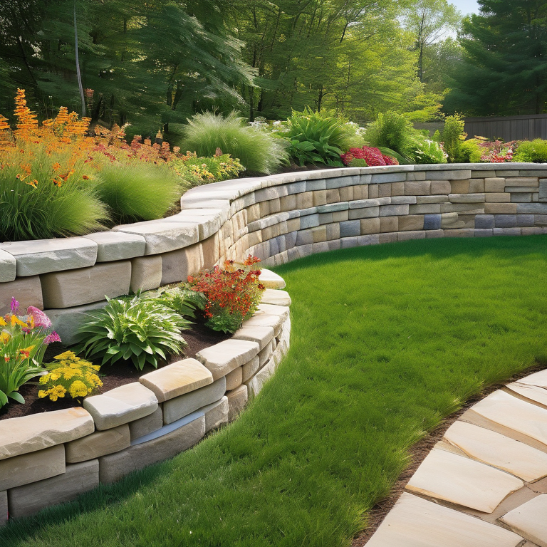 Backyard featuring a stone landscape wall, surrounded by lush plants under a clear blue sky.