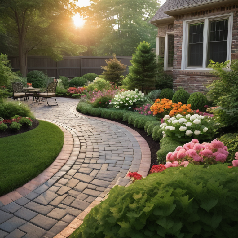 Alt text: A backyard showcasing stone, metal, and brick landscape edging surrounded by plants at sunset.