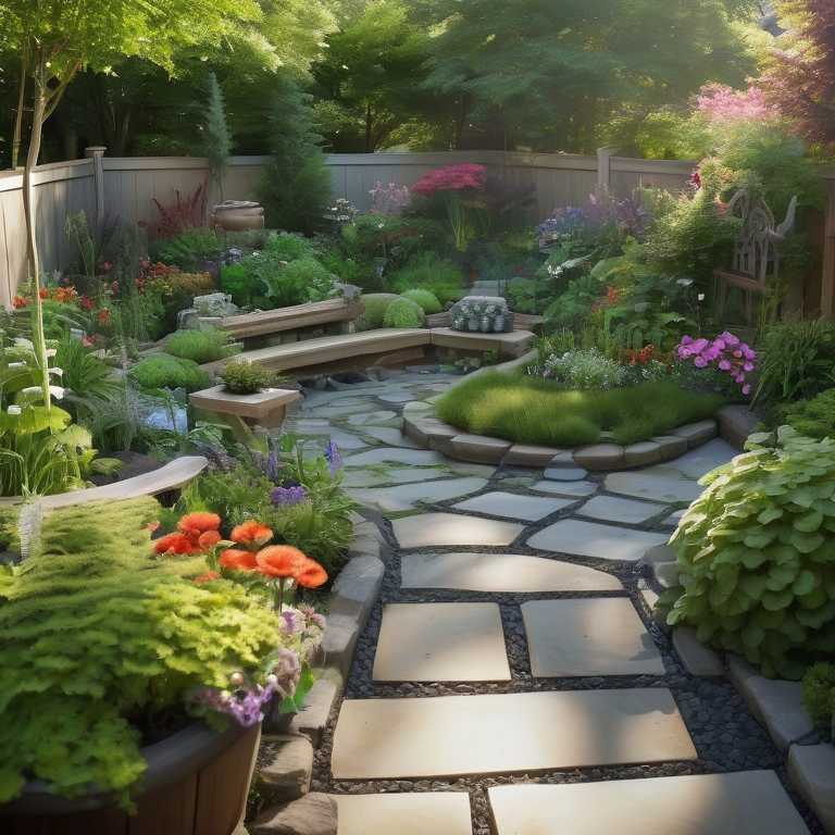 Backyard garden with a stone path, wooden planters, a water feature, and a bench with gardening tools.