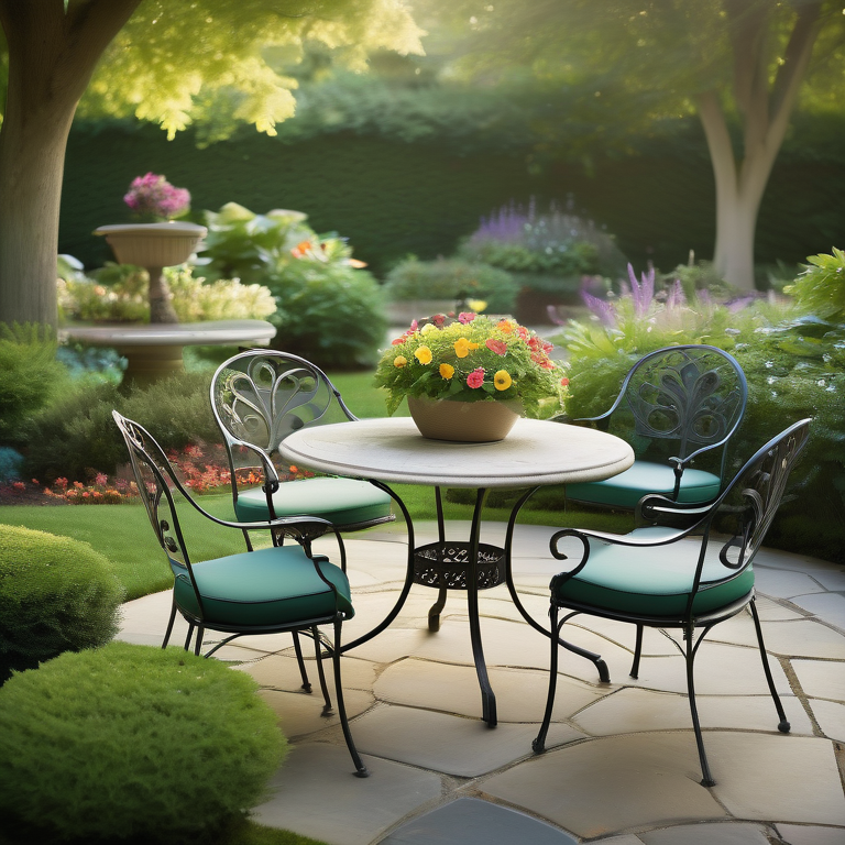 Circular stone patio with iron furniture surrounded by vibrant flowers and greenery, with birds in flight.