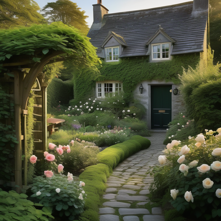 Irish garden with a stone pathway, wooden arbor with roses, and a cottage at dawn.