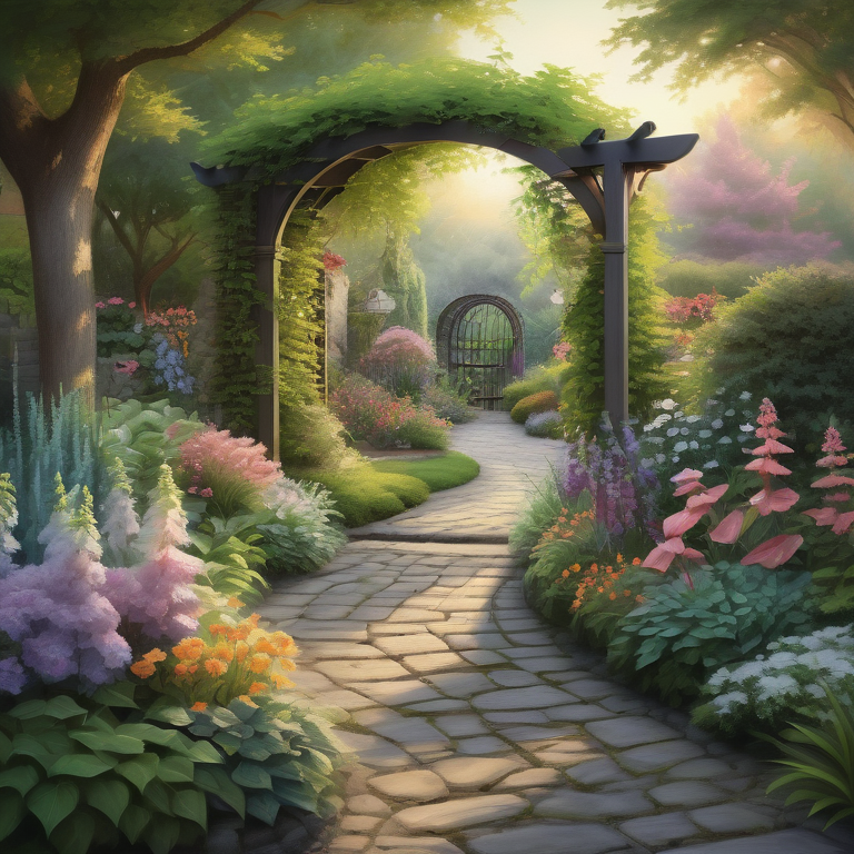 Serene garden pathway with lush greenery and a wooden arbor highlighted by dawn's light.