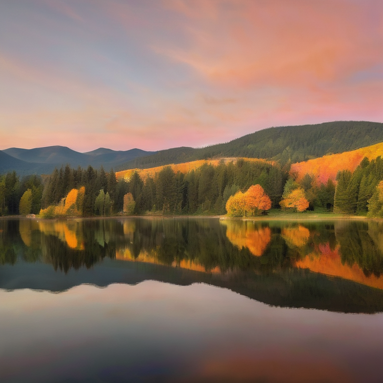 Serene lake at sunset with rolling hills and autumn trees, distant mountains against a pastel sky.