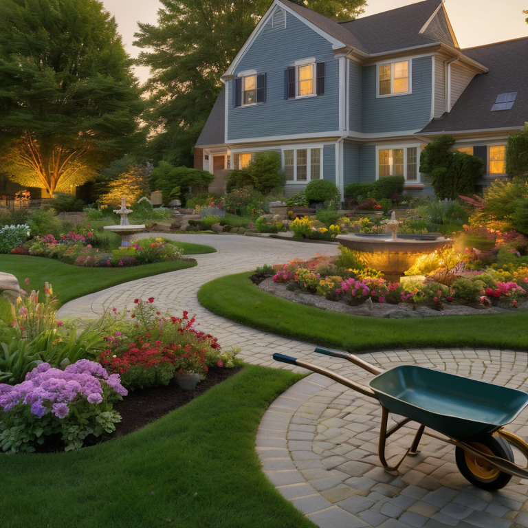 A landscaper smiles in a well-maintained backyard with a pond and flower beds at dusk.