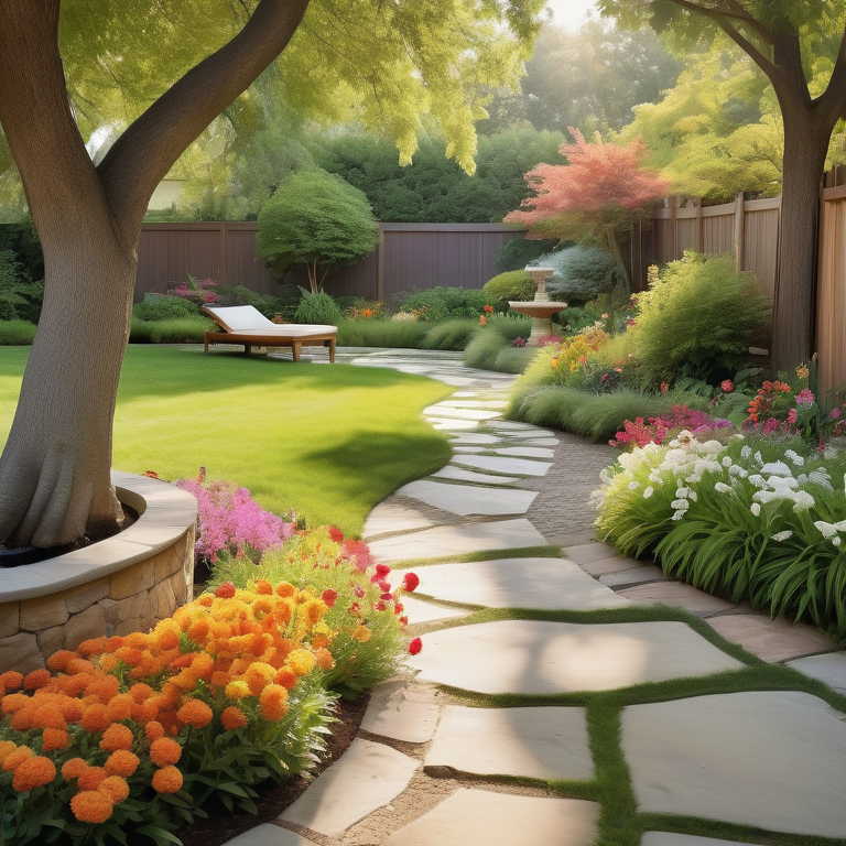 A serene suburban garden with a stone path, flowers, fountain, garden furniture, and a hammock.