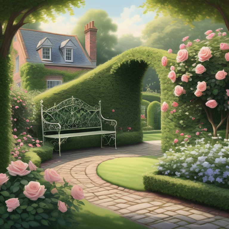 Illustrated serene English garden with an iron bench, rose bushes, cobblestone path, and a glowing morning light.