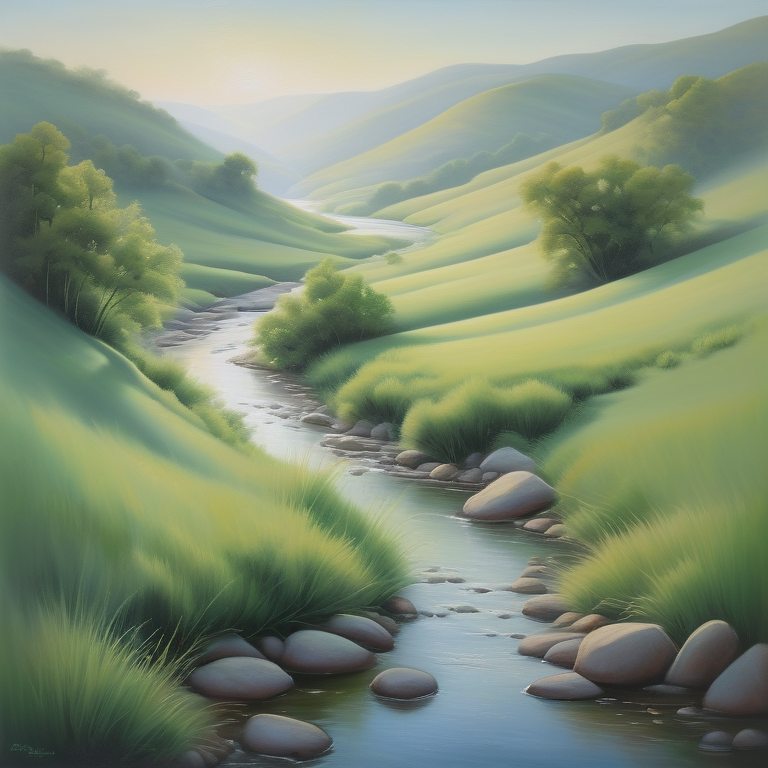 Contemporary landscape with a flowing river through lush hills and soft morning light.