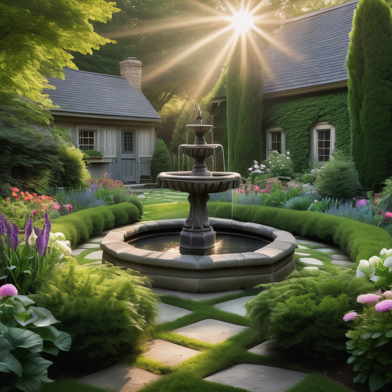 Illustration of a symmetrically designed garden at sunrise with a fountain centerpiece, shed, and gardening tools.