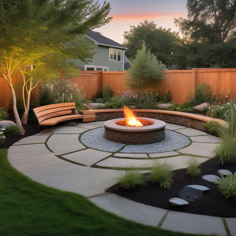 A serene backyard landscape at dusk featuring a fire pit, bench, plants, and string lights.