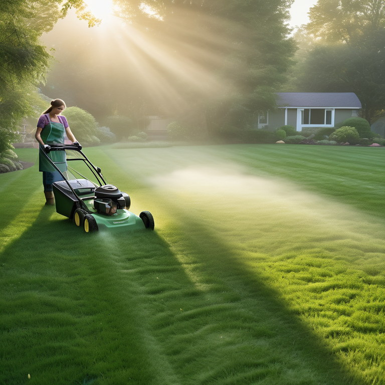 Person in an apron mowing dew-covered grass in a sunrise-lit garden, displaying a mix of effort and calm.