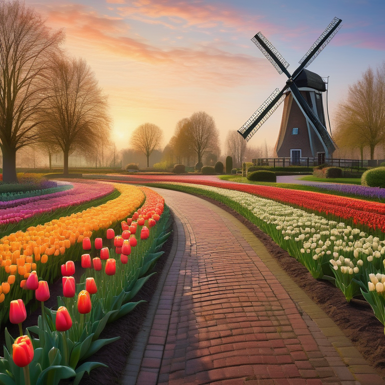 Illustration of a peaceful Dutch garden with tulips and a windmill in soft morning light.