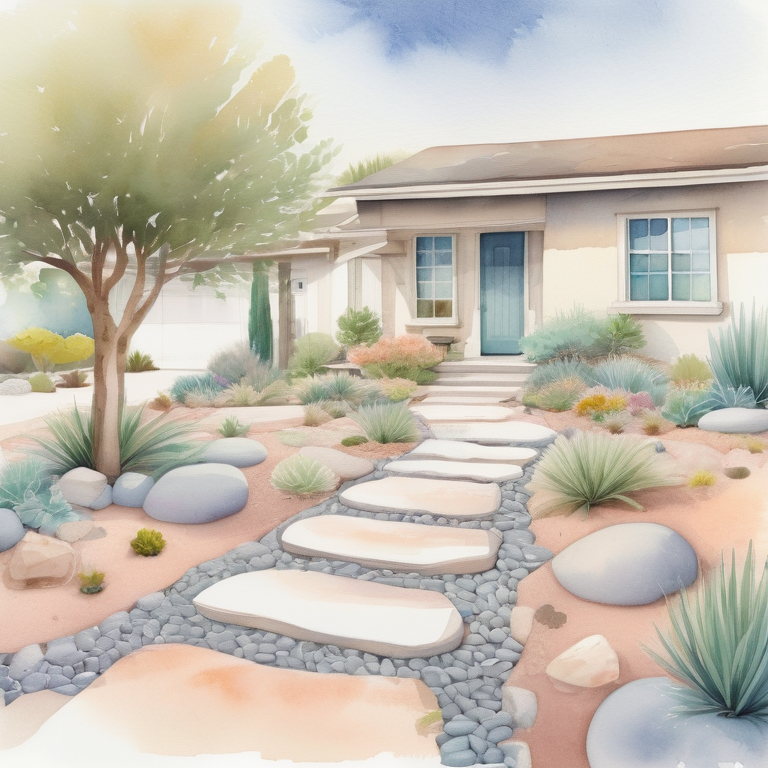 Serene front yard at dusk with pebble borders, stepping stone path, and soft landscape lighting.