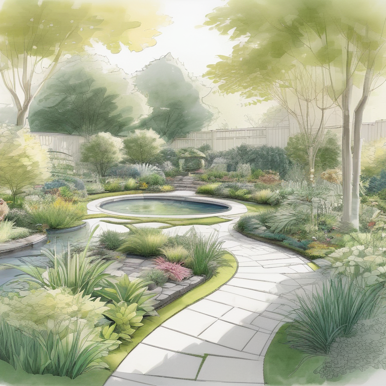 An illustrated garden blueprint blends into a verdant, sunlit landscape with pathways and a pond.