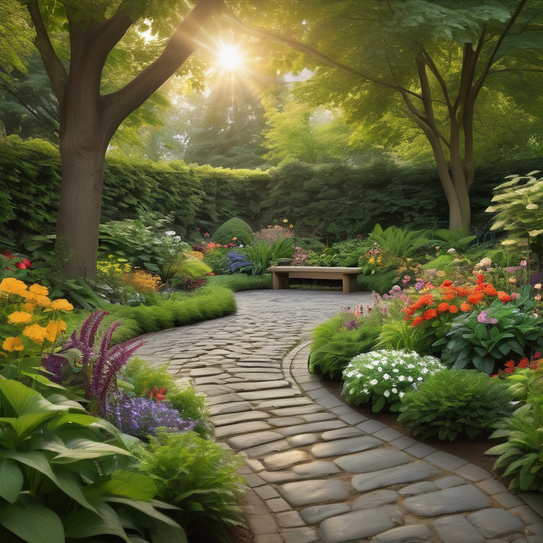 Lush garden with a cobblestone path leading to a wooden bench, surrounded by vibrant flowers and tall trees.