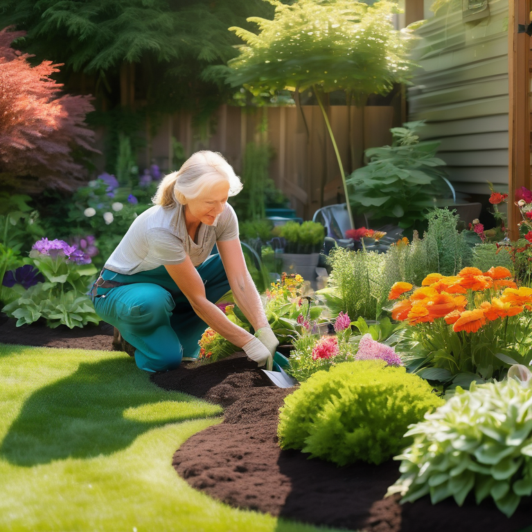 A gardener attentively maintains a blooming garden, surrounded by neatly placed gardening tools.