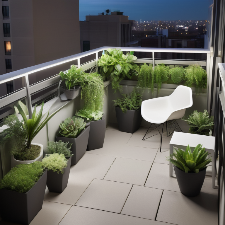 A balcony garden with an array of trendy artificial plants in geometric pots, bathed in soft light.