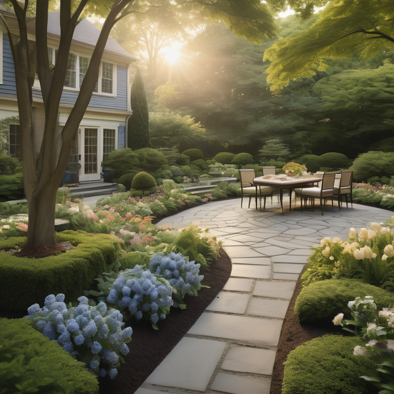 Architect's table with blueprints in a garden at sunset, depicting landscape design planning.