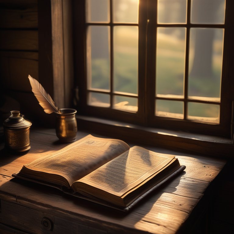 Open old book with landscape etchings on a table surrounded by scrolls and writing tools in a warmly lit study.