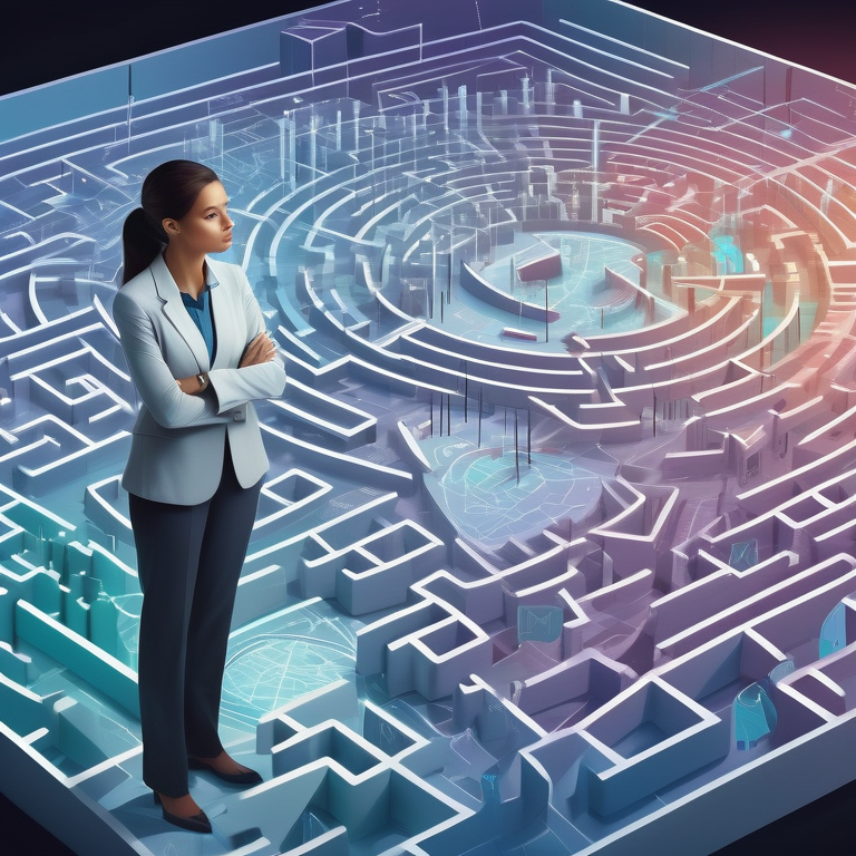 Illustration of a businesswoman strategizing in a maze with analytical tools and a holographic map of competitors.