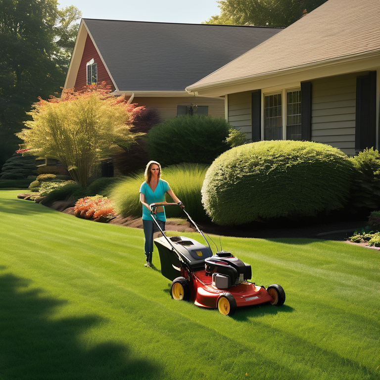 A homeowner using a push-mower on a sunlit lawn, illustrating well-trimmed versus untrimmed grass.