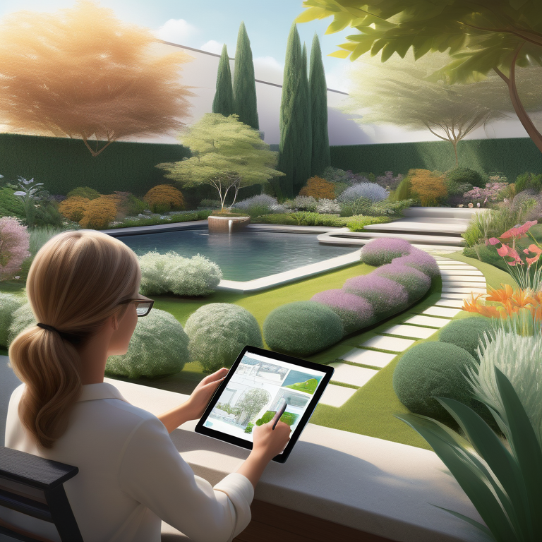 A landscape architect designs a garden on a tablet with a lush background and a house.