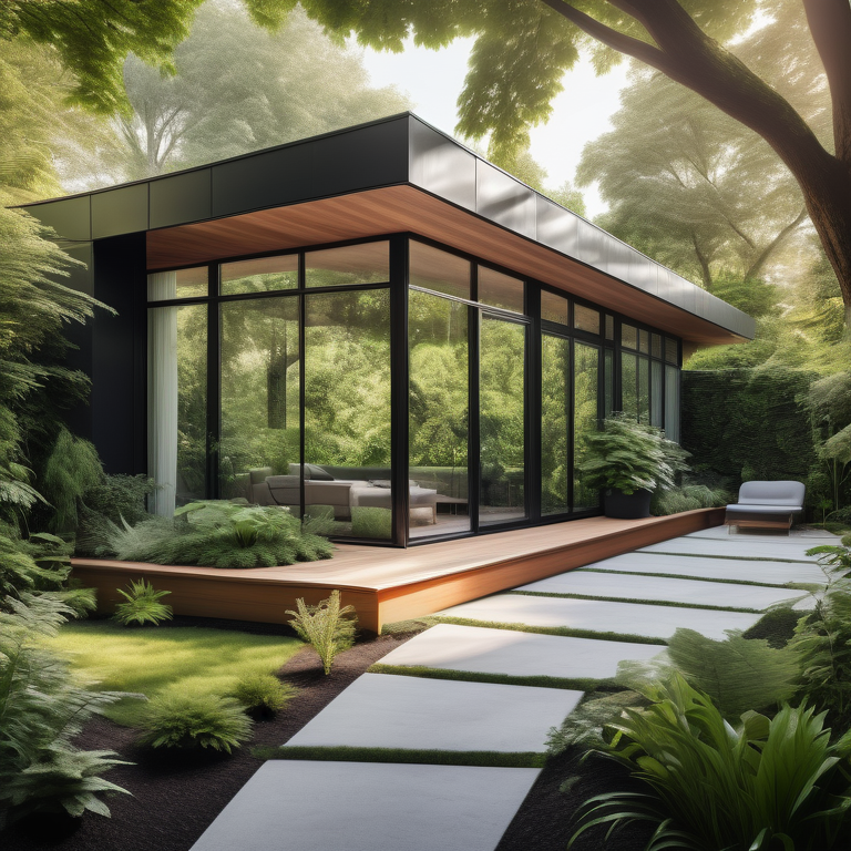 Modern garden building with glass windows amid greenery, bathed in soft sunlight.