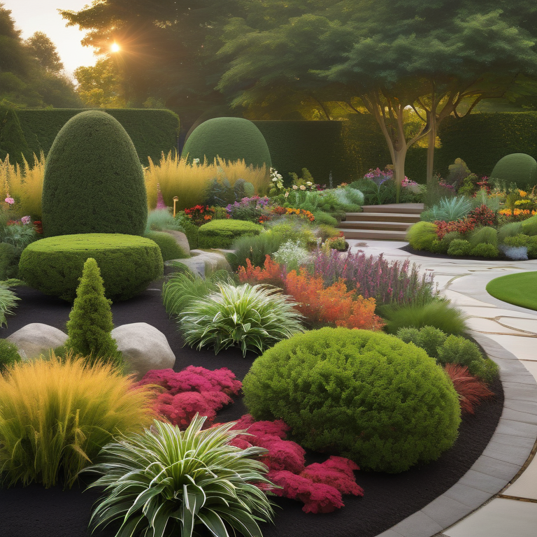 Logos of top landscaping companies embedded in a peaceful garden scene at dawn.