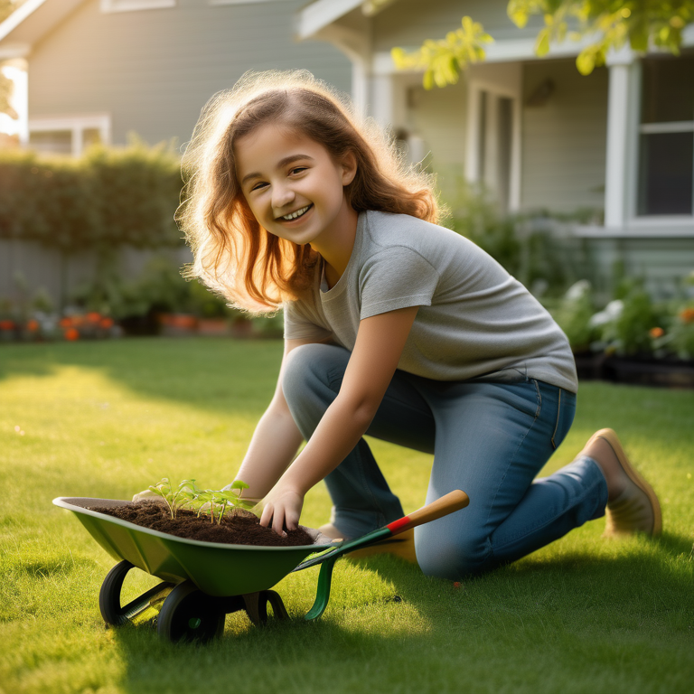 A person planting a tree in a home garden at sunset.