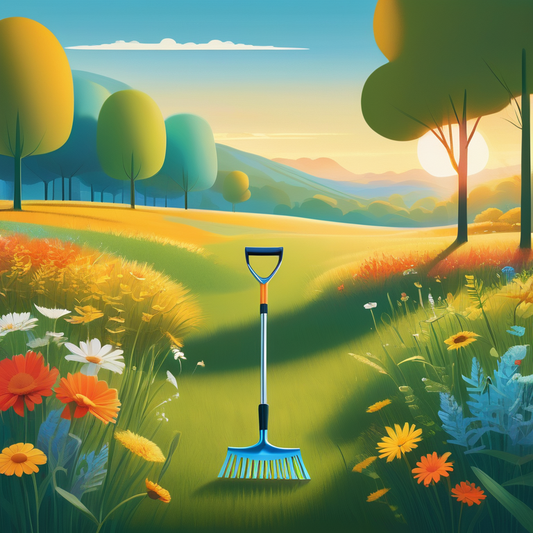 Illustration of a landscape rake in a meadow with icons representing its ten features.