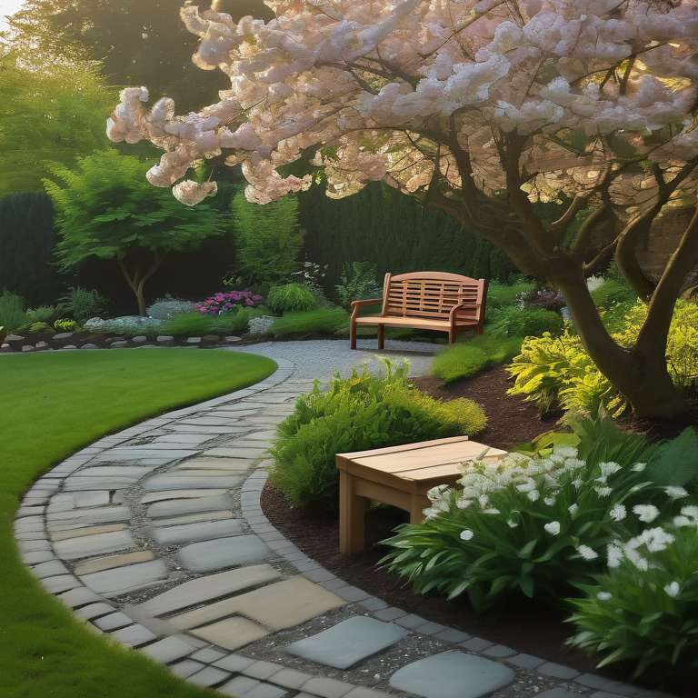 Backyard garden with stone pathways, vibrant flowers and a wooden bench under a cherry tree at dusk.