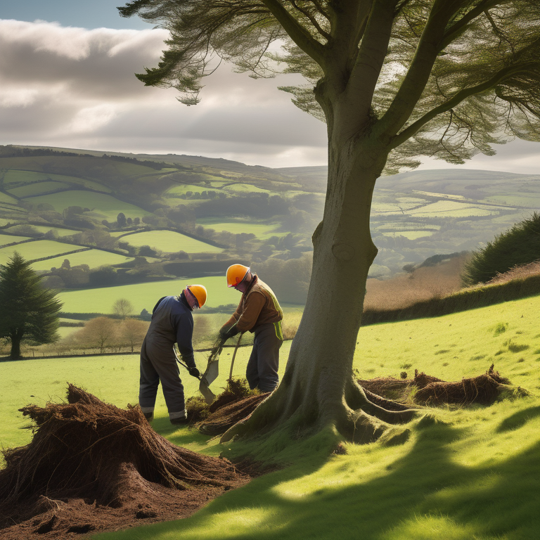 Workers in safety gear cutting a tree in a tranquil, sunlit Wicklow landscape.