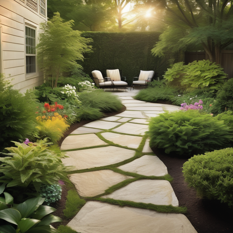 Serene garden with a limestone path and patio, surrounded by lush greenery and flowers in the warmth of the evening sun.