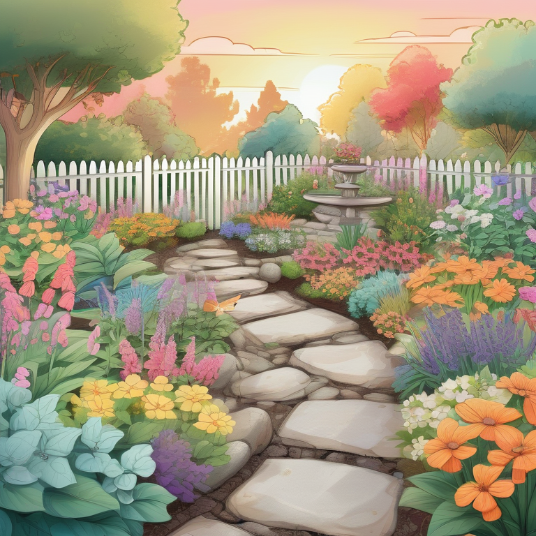 Illustration of a peaceful garden with flowering plants, stone path, wooden fence, and a water feature at sunset.