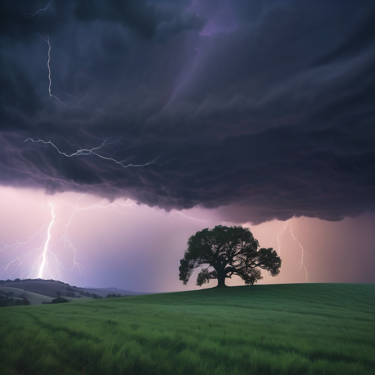 Rolling hills beneath a stormy sky with a striking lightning bolt illuminating a lone oak tree.