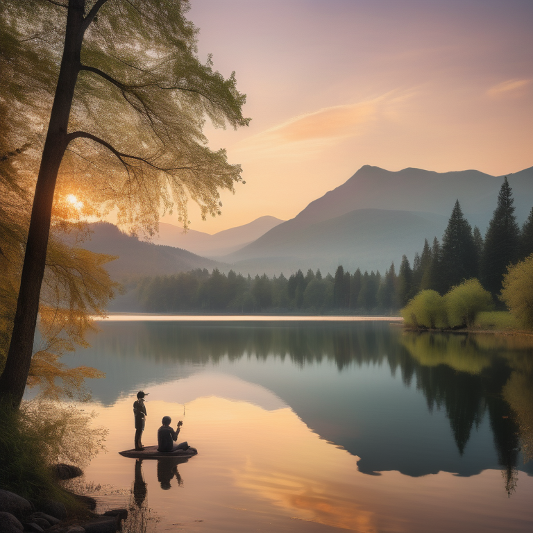 Photographer taking a photo of a picturesque lake at sunset with mountains in the backdrop.