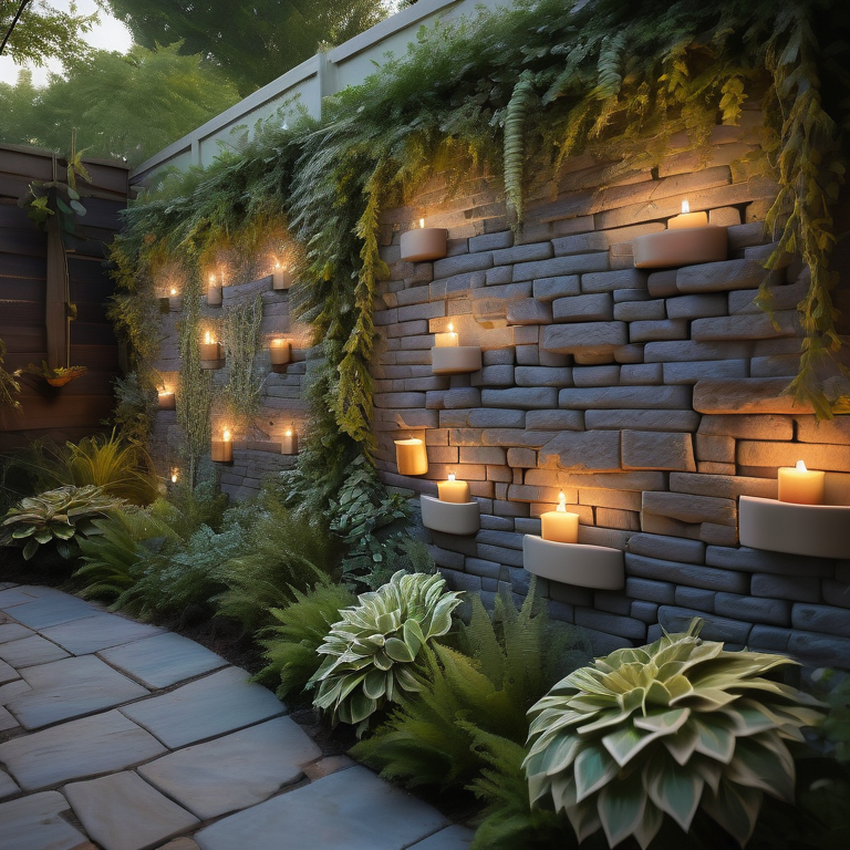 An illustration of a twilight garden showing ten unique garden wall designs with plants and candles.